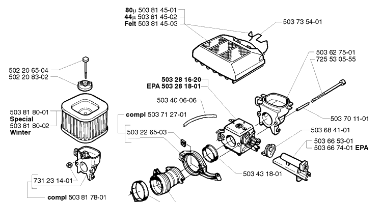 Air Filter/Carburetor Diagram and Parts List for 362EPA 1999-05 Husqvarna Chainsaw