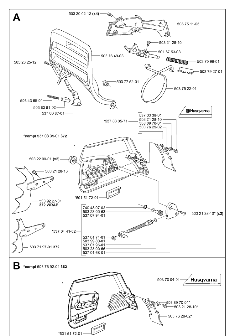 Chain Brake Diagram and Parts List for 362EPA 2001-10 Husqvarna Chainsaw