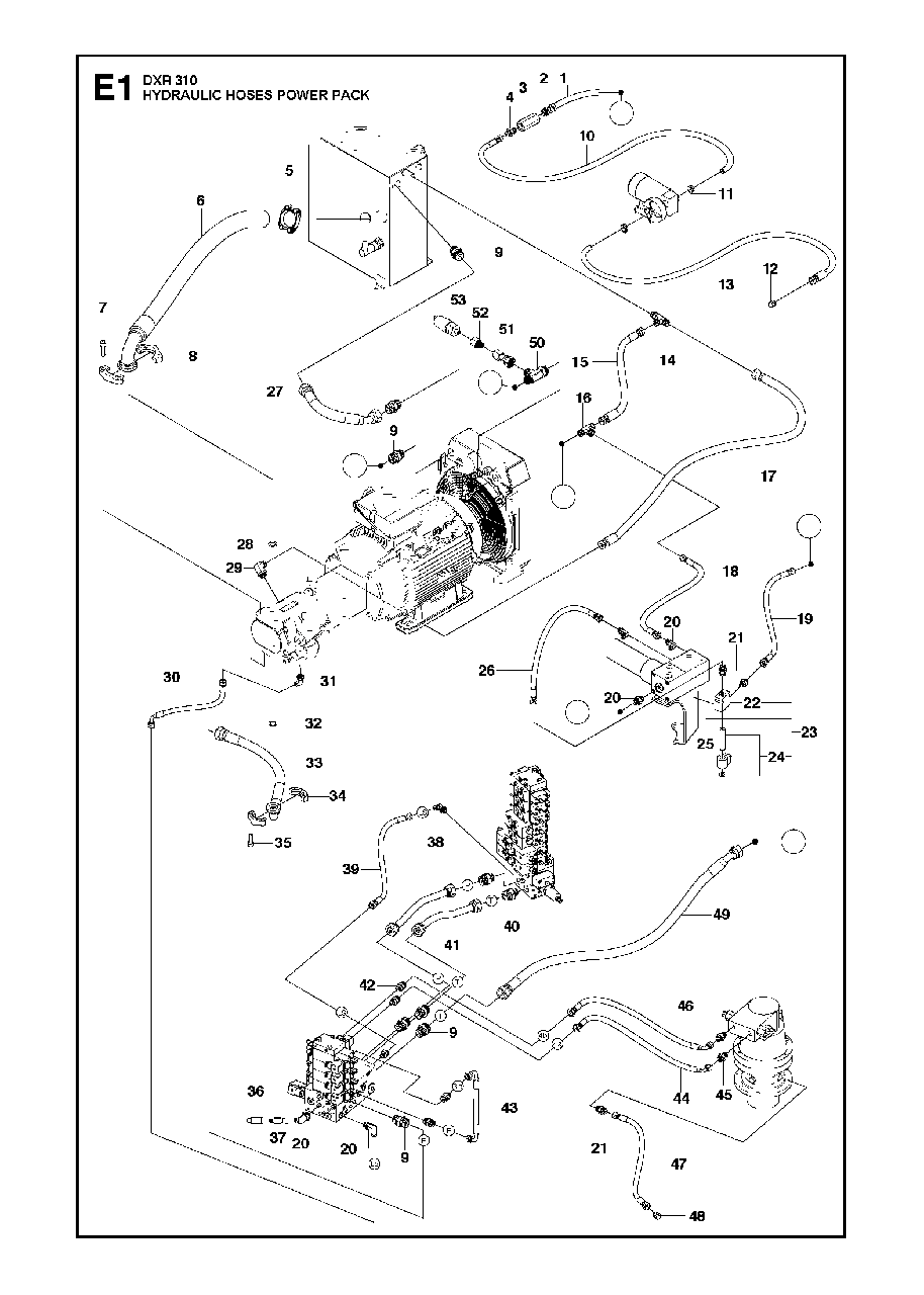 Hydraulic Hoses Power Pack Diagram and Parts List for DXR310 (44 & Above)(2013-08) Husqvarna Demolition Hammer