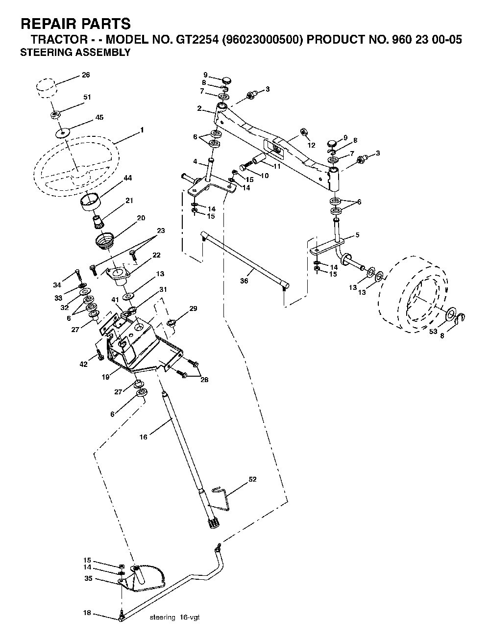 Steering Diagram and Parts List for GT2254 (96023000500)(2005-05) Husqvarna Lawn Tractor