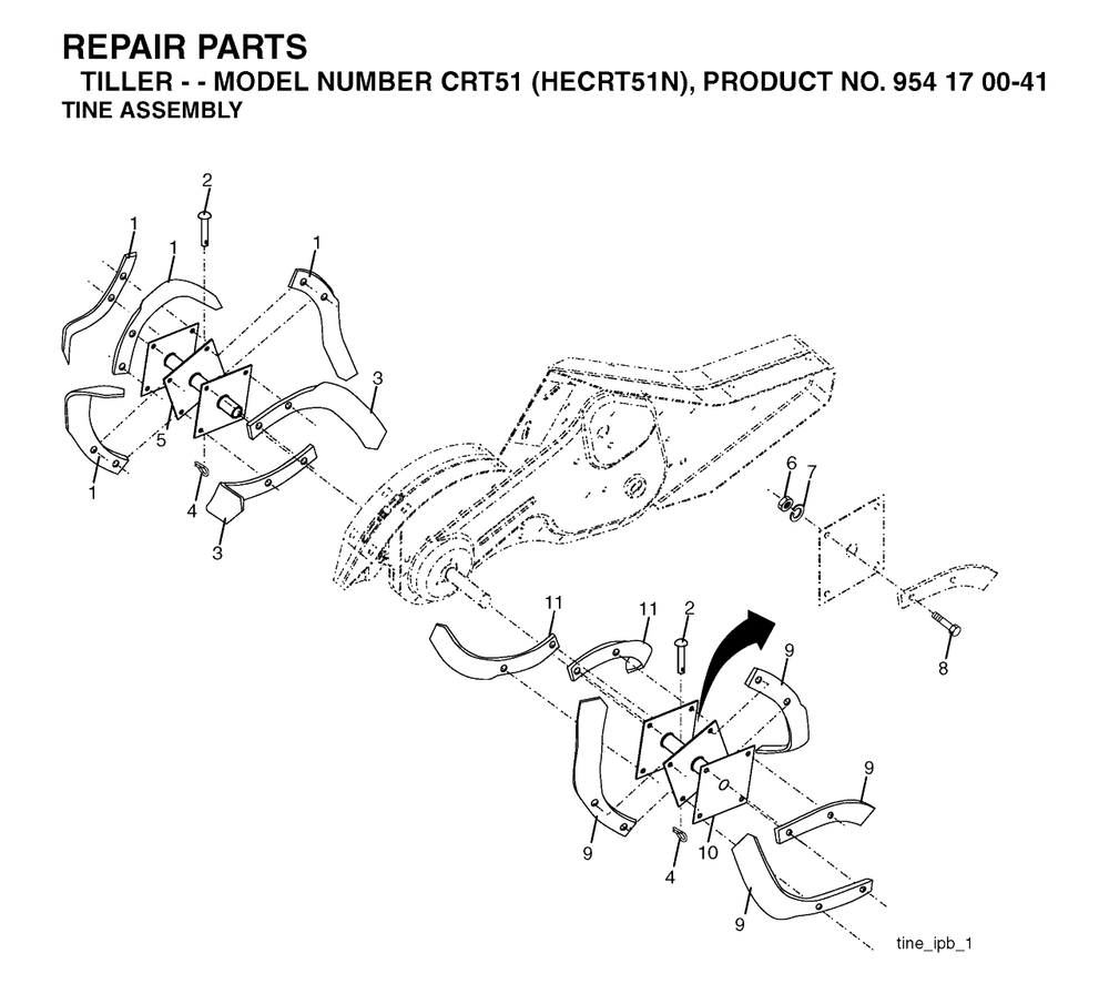 Tine Assembly Diagram and Parts List for CRT51 (954170041-N)(2004-01) Husqvarna Tiller