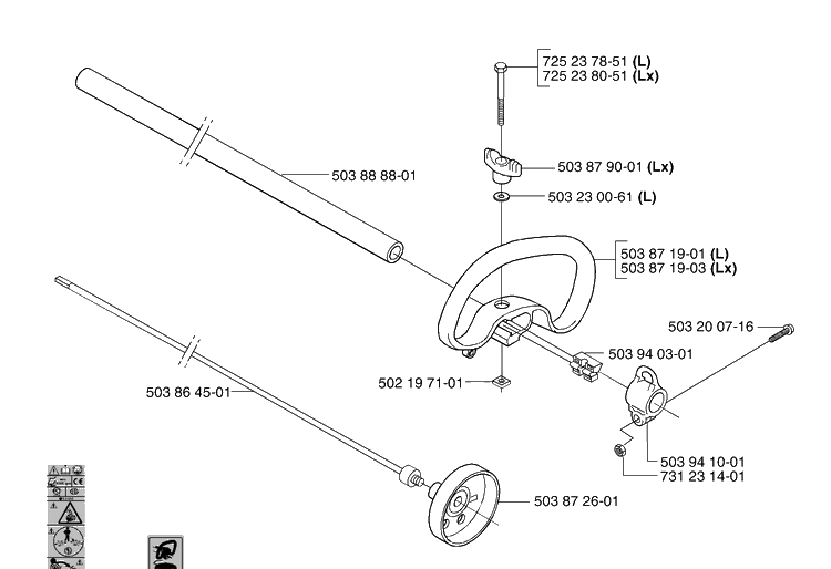 L/Lx Handle / Shaft Diagram and Parts List for 326C (L-LX-RX)(E-Tech 2)(2002-02) Husqvarna Brush Cutter