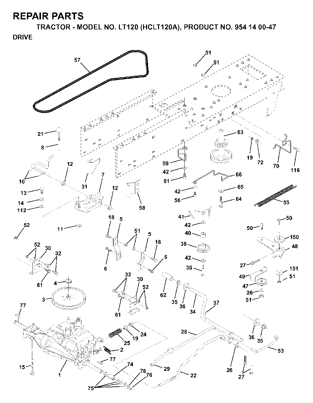 Drive Diagram and Parts List for LT120 (HCLT120A, 954140047)(1998-01) Husqvarna Lawn Tractor
