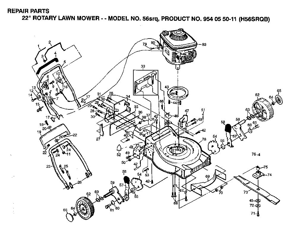 Repair Parts Diagram and Parts List for 56SRQ H56SRQB, 954055011, 1992 Husqvarna Lawn Mower