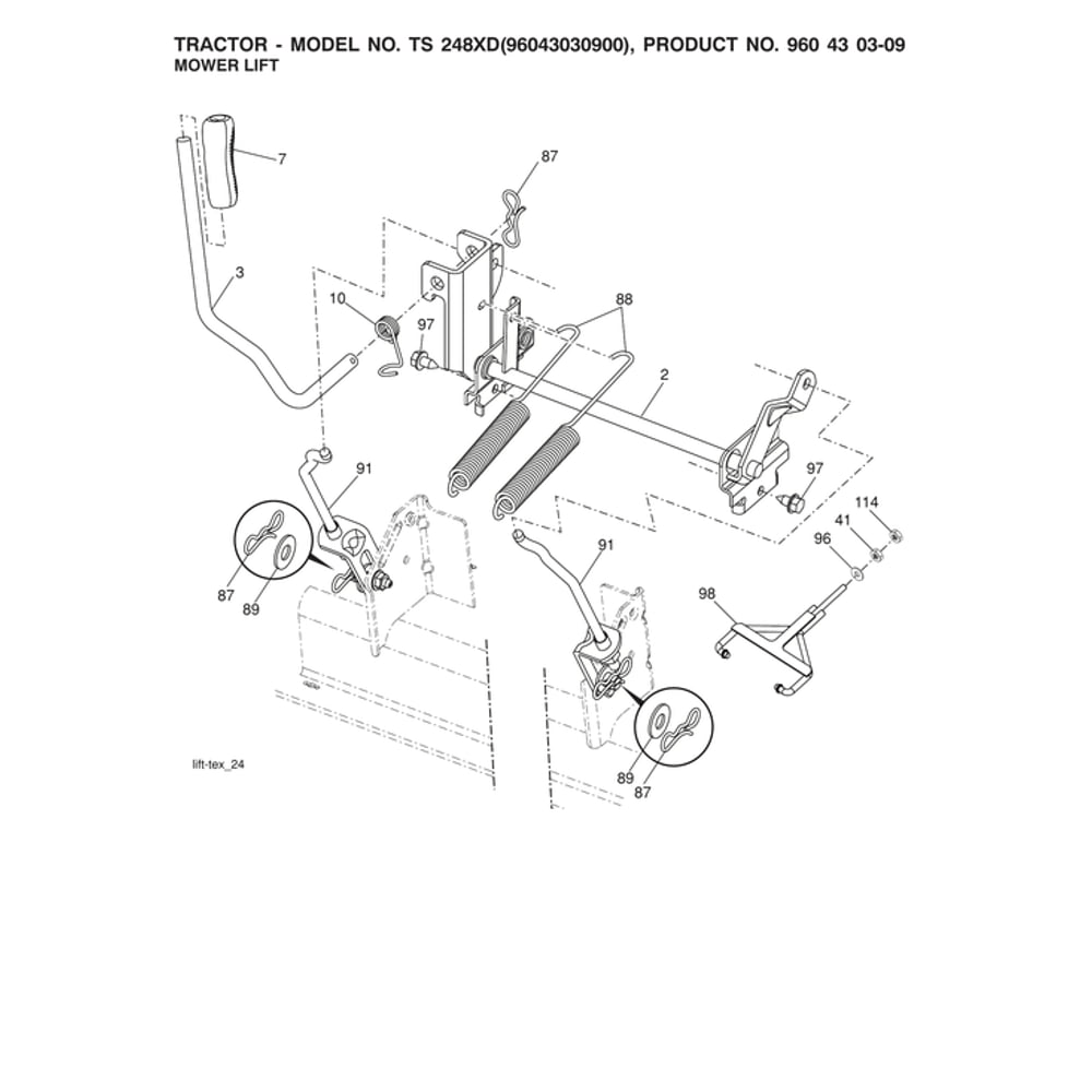 Mower Lift Diagram and Parts List for 96043030900  Husqvarna Lawn Tractor