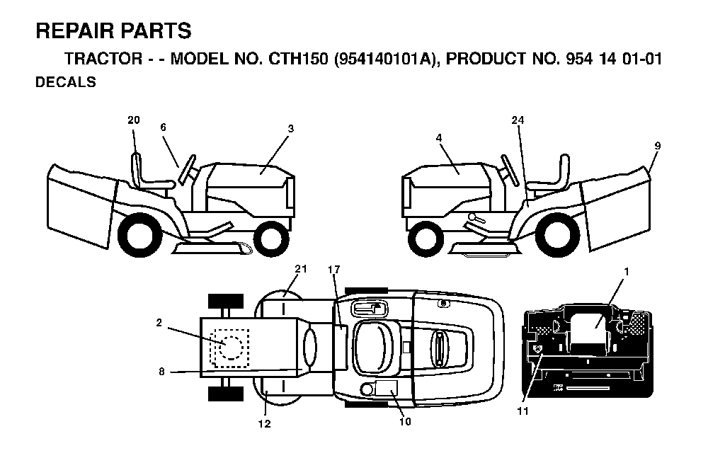 Decals Diagram and Parts List for CTH150 (954140101A)(1999-10) Husqvarna Lawn Tractor