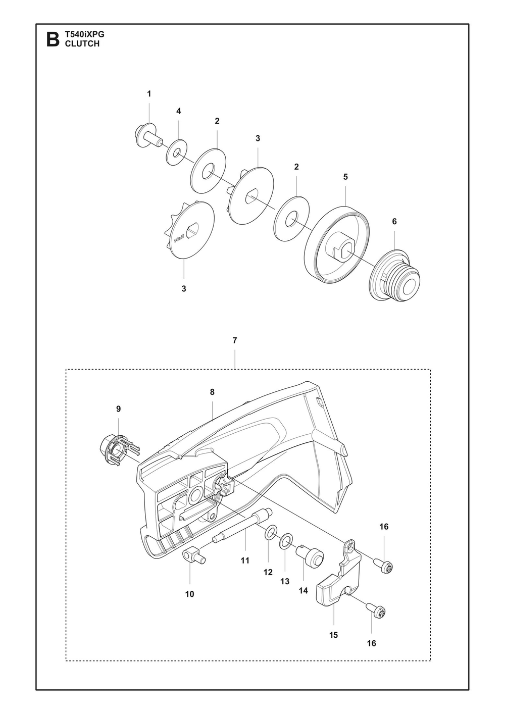 Clutch Diagram and Parts List for T540IXPG  Husqvarna Chainsaw