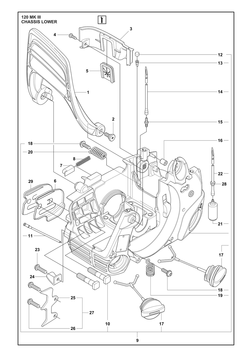 Chassis Lower Diagram and Parts List for 120MARKIII  Husqvarna Chainsaw