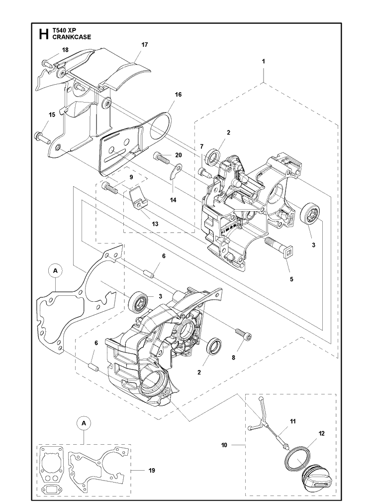 Crankcase Diagram and Parts List for T540XP 2012-10 Husqvarna Chainsaw