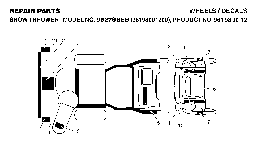Decals Diagram and Parts List for 9527SBEB (96193001200, 961930012)(2005-12) Husqvarna Snow Blower