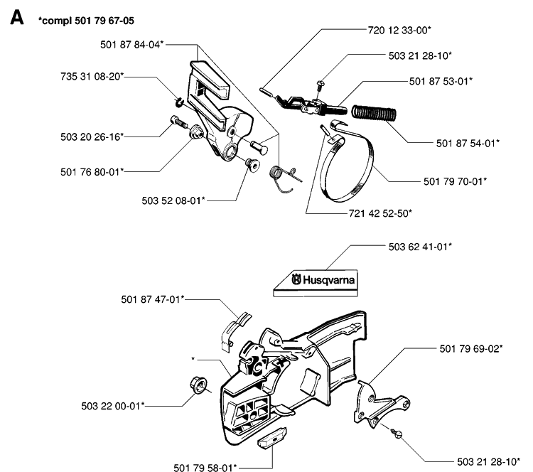 Chain Brake Diagram and Parts List for 42 19944900001-19950600000 Husqvarna Chainsaw