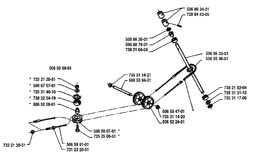 Steering And Pulley Assembly Diagram and Parts List for R1000 1995-03 Husqvarna Lawn Tractor