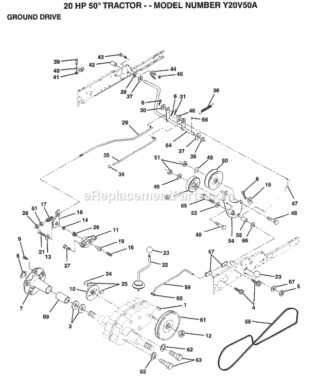 20 Hp 50" Ground Drive Diagram and Parts List for Y20V50A 1994 Husqvarna Lawn Tractor