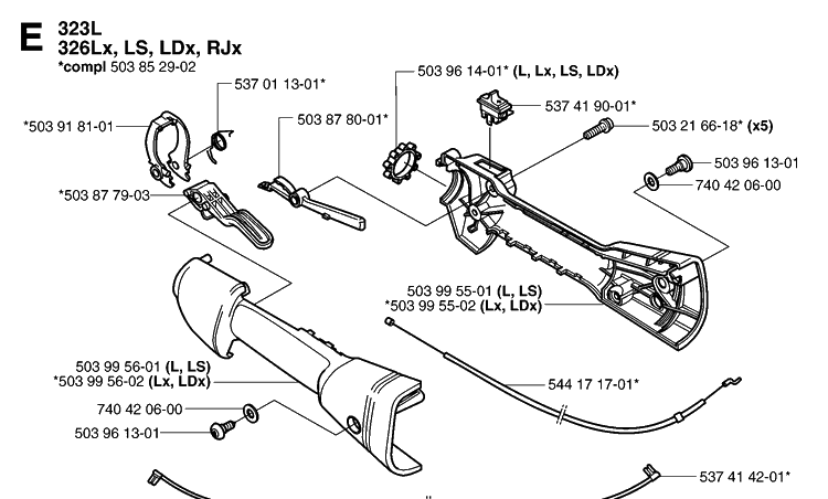 Handle And Controls Diagram and Parts List for 326LS (966763205)(20070100001-20091800000) Husqvarna Edger