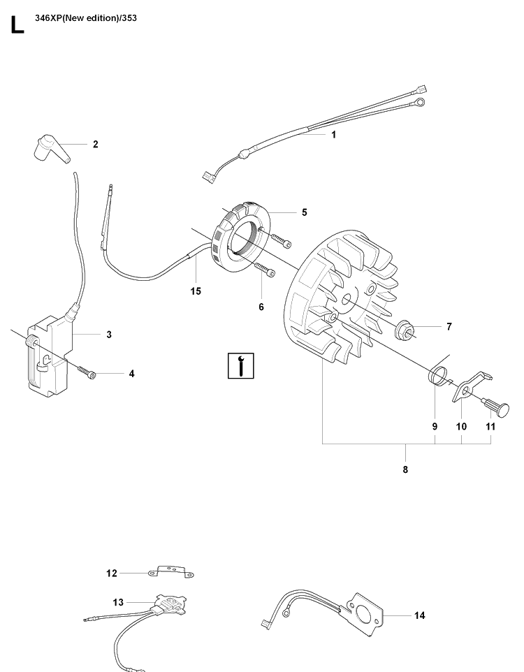 Ignition System Diagram and Parts List for 353 20071300001-20090400000 Husqvarna Chainsaw