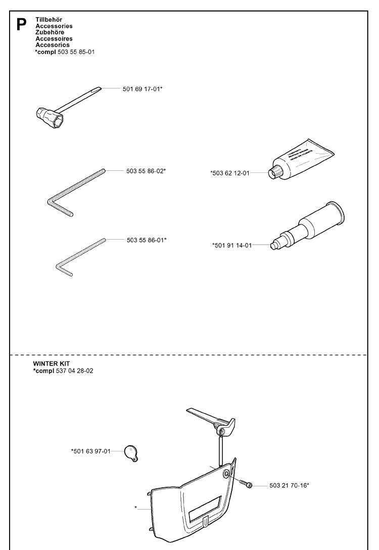 Accessories Diagram and Parts List for 346XP 20032200001-20041000000 Husqvarna Chainsaw