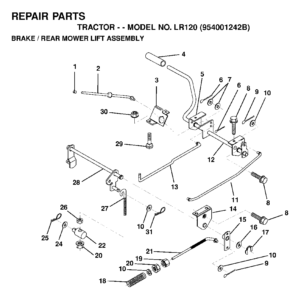 Brake / Rear Mower Lift Diagram and Parts List for LR120 (954001242B)(1995-02) Husqvarna Lawn Tractor