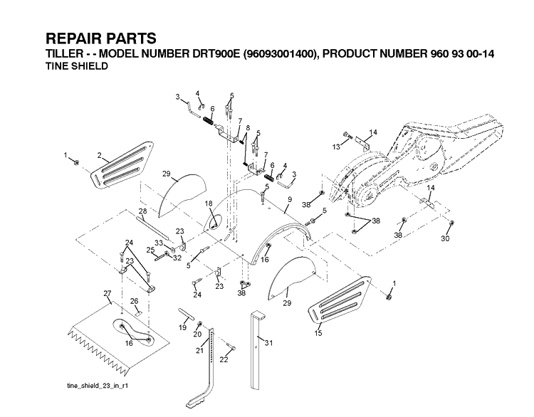 Tine Shield Diagram and Parts List for DRT900E (96093001401)(2010-10) Husqvarna Cultivator