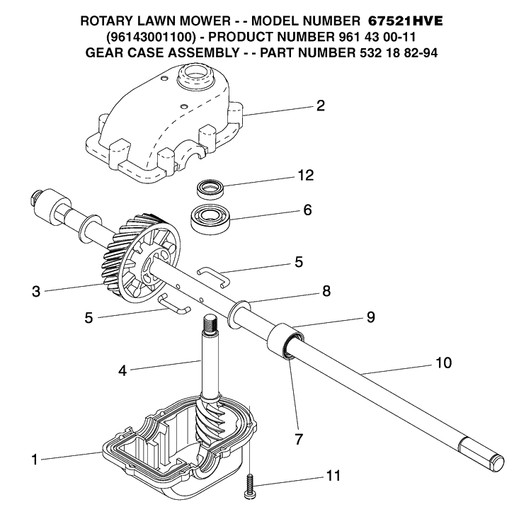 Gear Case Diagram and Parts List for 67521HV (96143001100)(2005-01) Husqvarna Lawn Mower