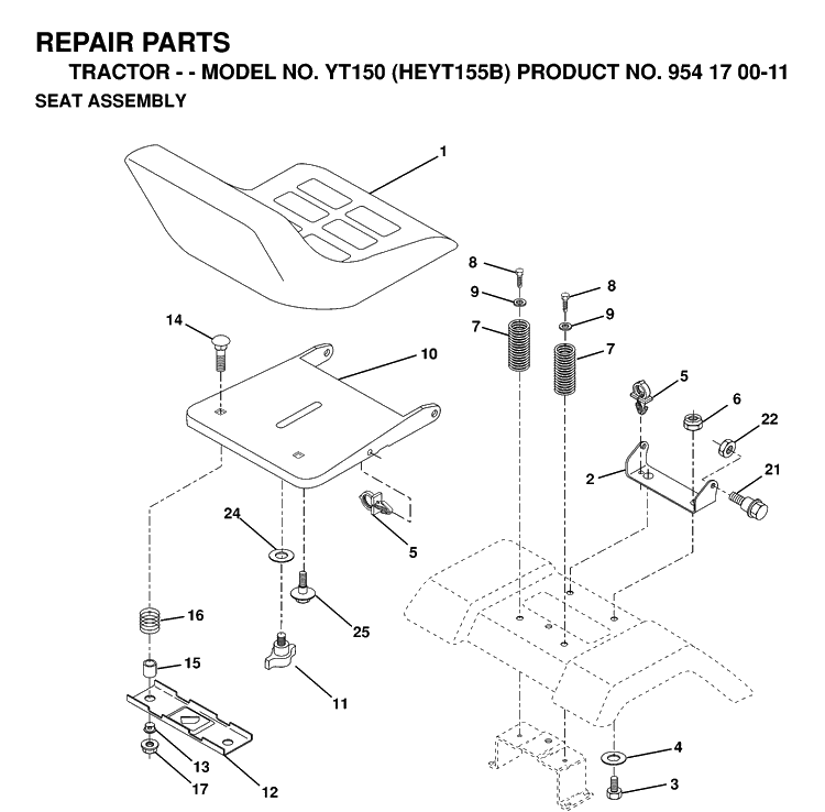 Seat Diagram and Parts List for YT150 (HEYT155B)(1998-12) Husqvarna Lawn Tractor