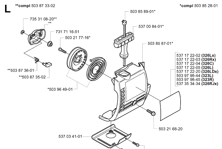 Starter Diagram and Parts List for 326LX 20061400001-20070100000 Husqvarna Edger