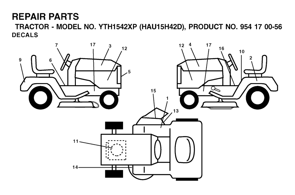 Decals Diagram and Parts List for YTH1542XP (954170056-D)(2003-01) Husqvarna Lawn Tractor