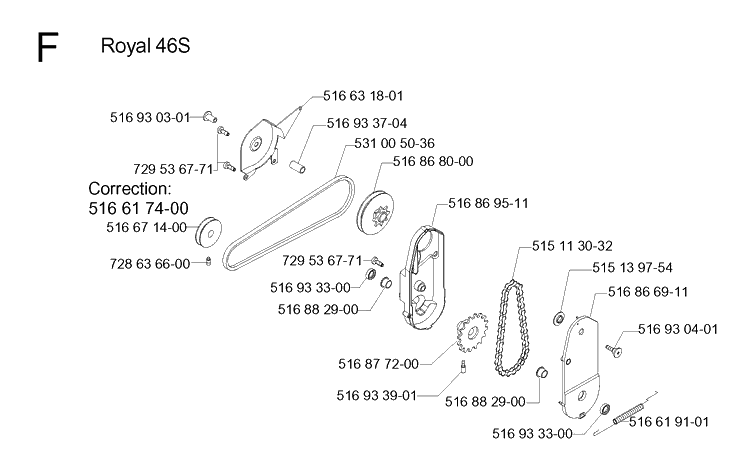 Drive Diagram and Parts List for 46 ROYAL Husqvarna Lawn Mower