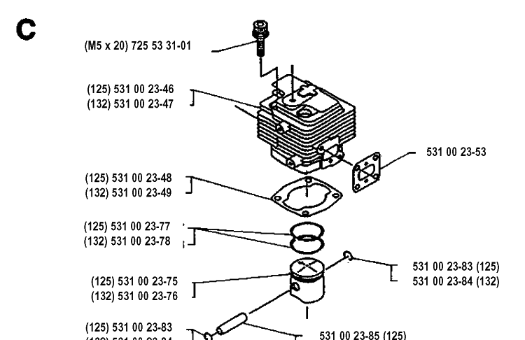Cylinder Piston Diagram and Parts List for 125RB 19931400001-Current Husqvarna Brush Cutter