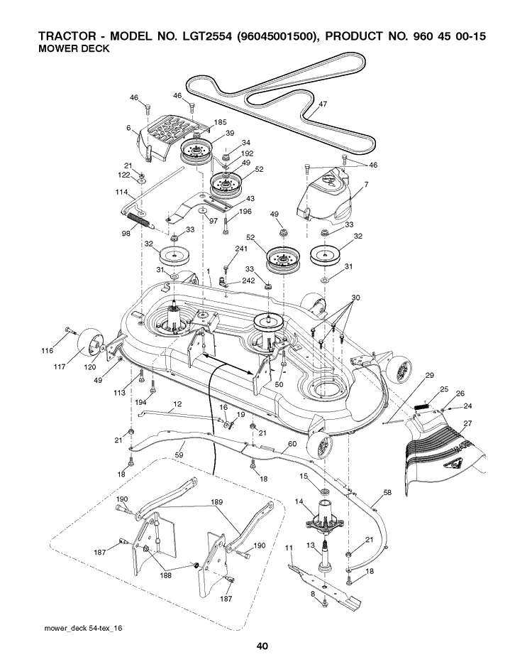 Mower Deck / Cutting Deck Diagram and Parts List for LGT2554 2009-01 Husqvarna Lawn Tractor