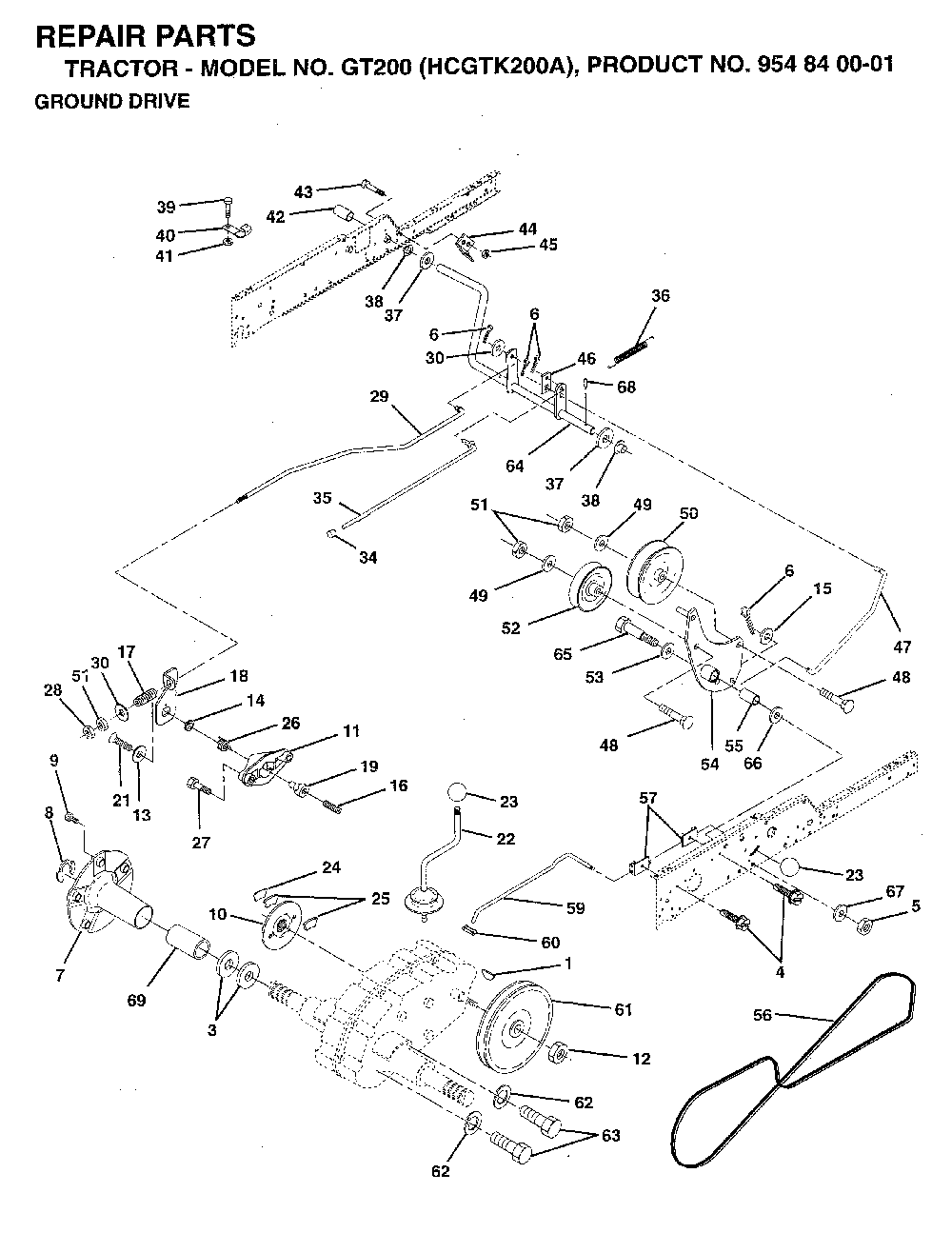 Drive Diagram and Parts List for GT200 (HCGTK200A, 954840001)(1996-01) Husqvarna Lawn Tractor