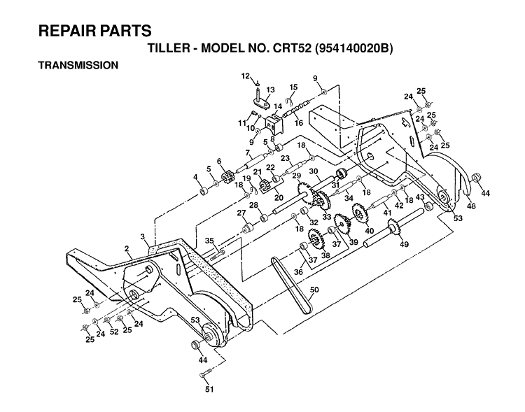 Transmission Diagram and Parts List for CRT52 (954140020B)(1998-01) Husqvarna Cultivator