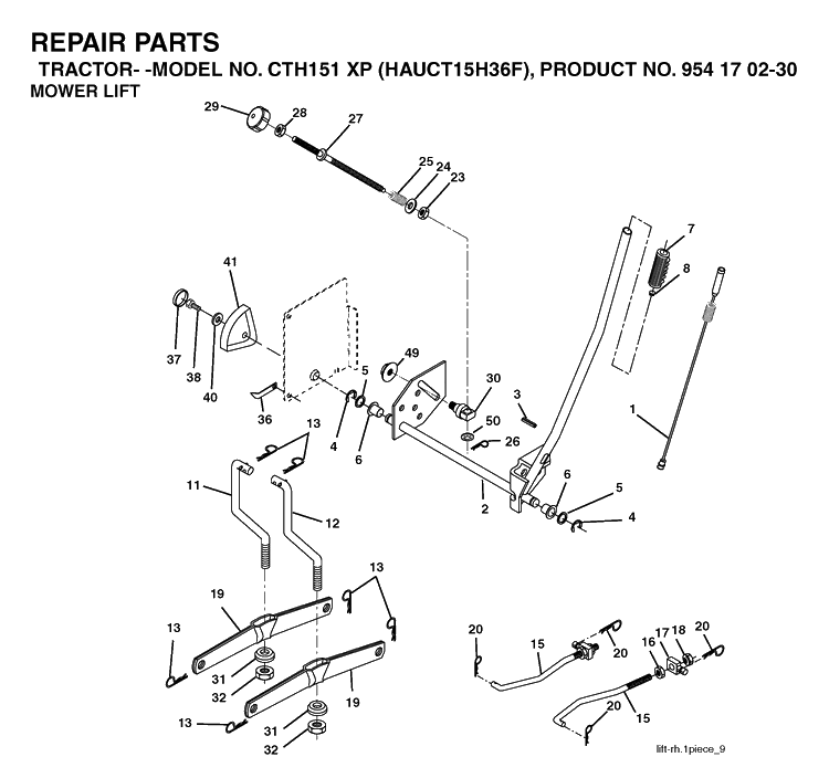 Mower Lift / Deck Lift Diagram and Parts List for CTH151XP (HAUCT15H36F)(2005-04) Husqvarna Lawn Tractor