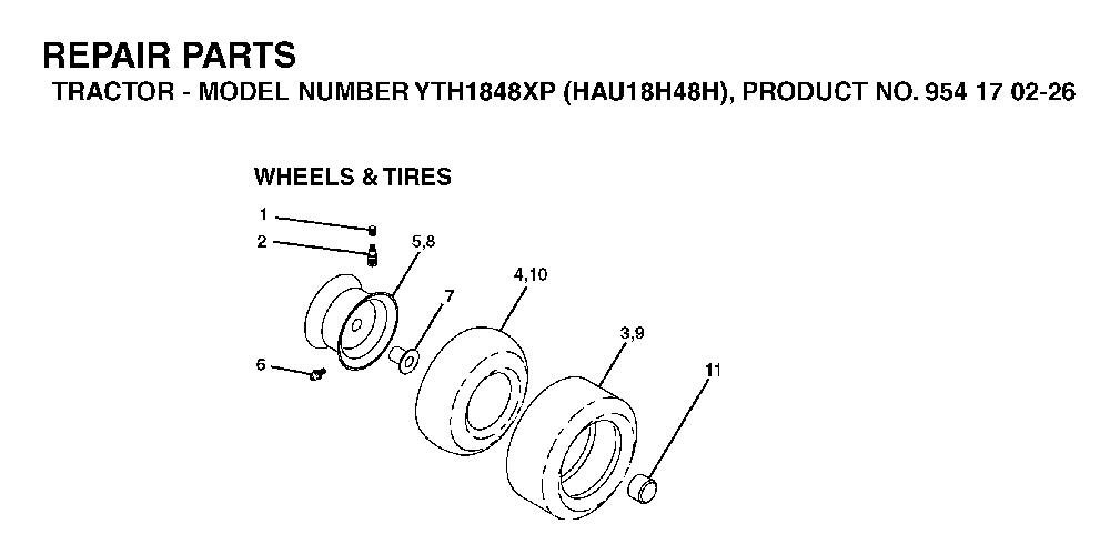 Wheels And Tires Diagram and Parts List for YTH1848XP (HAU18H48H, 954170226)(2004-09) Husqvarna Lawn Tractor