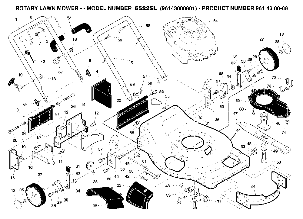Frame Diagram and Parts List for 6522SL (96143000801)(2005-09) Husqvarna Lawn Mower