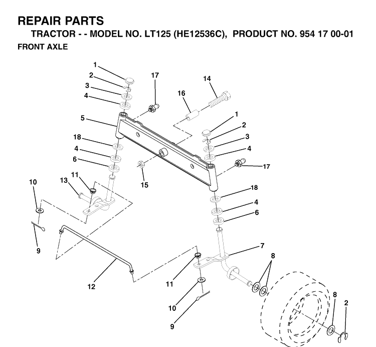 Front Axle Diagram and Parts List for LT125 (HE12536C)(1998-03) Husqvarna Lawn Tractor