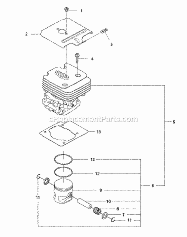 Cylinder Piston Diagram and Parts List for 580BFS 2011-05 Husqvarna Leaf Blower / Vacuum