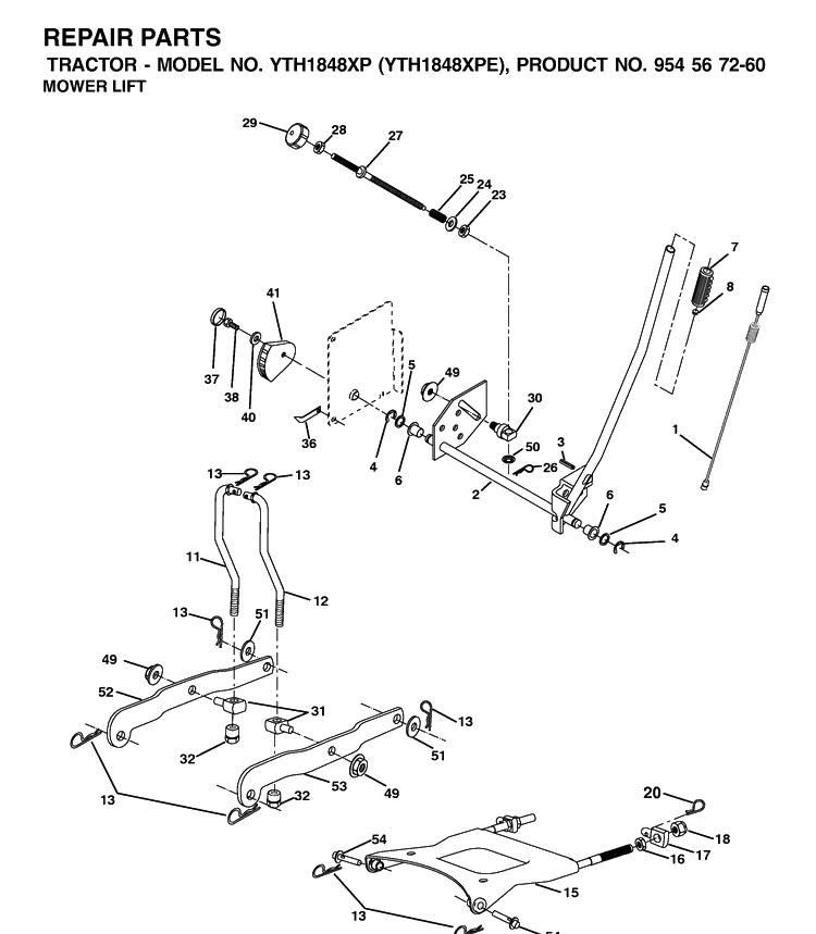 Mower Lift / Deck Lift Diagram and Parts List for YTH1848XP (954567260)(2002-02) Husqvarna Lawn Tractor