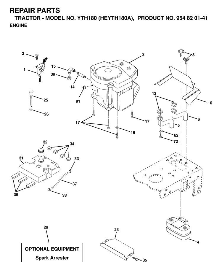 Engine And Cutting Equipment Diagram and Parts List for YTH180 (HEYTH180A)(1998-12) Husqvarna Lawn Tractor
