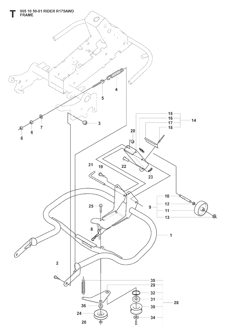 Frame Diagram and Parts List for RIDER175AWD (965105001)(2008-06) Husqvarna Lawn Mower