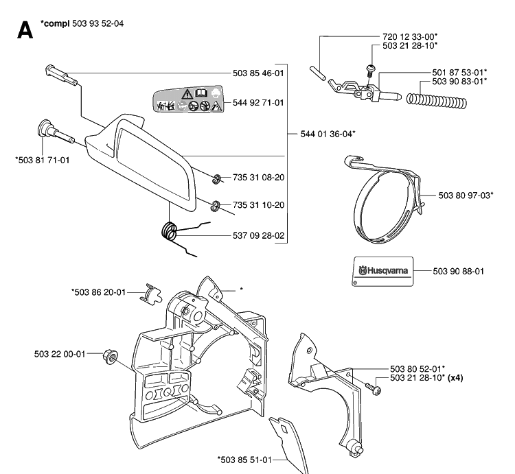Chain Brake And Clutch Cover Diagram and Parts List for 334T 20063600001-Current Husqvarna Chainsaw