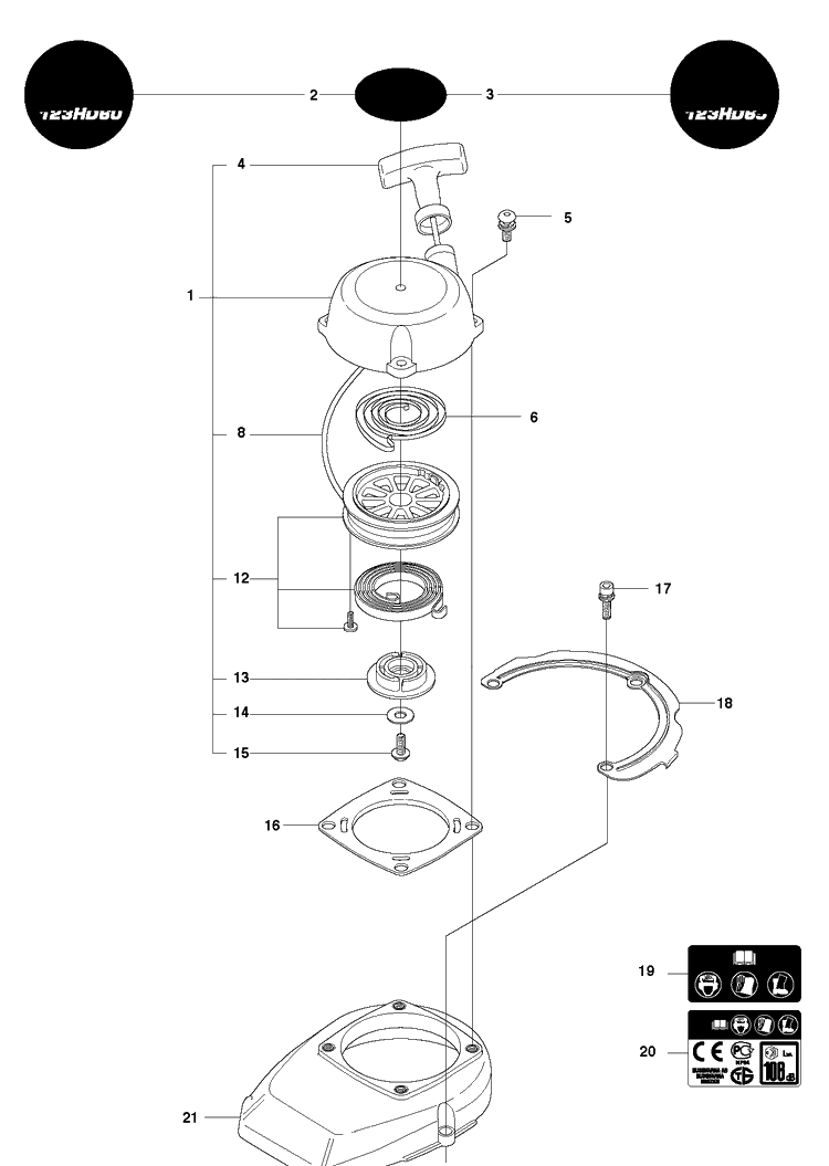 Starter Diagram and Parts List for 123HD65X 20070900001-20100600000 Husqvarna Hedge Trimmer
