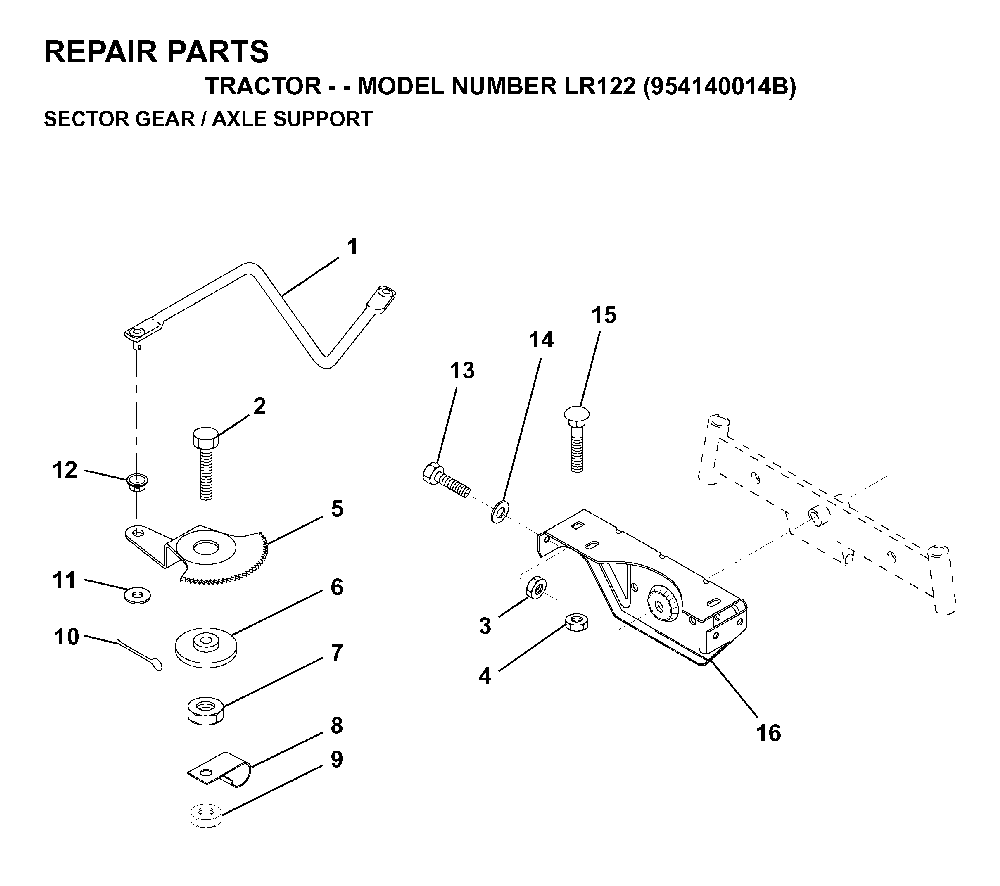 Sector Gear / Axle Support Diagram and Parts List for LR122 (954140014B)(1999-03) Husqvarna Lawn Tractor