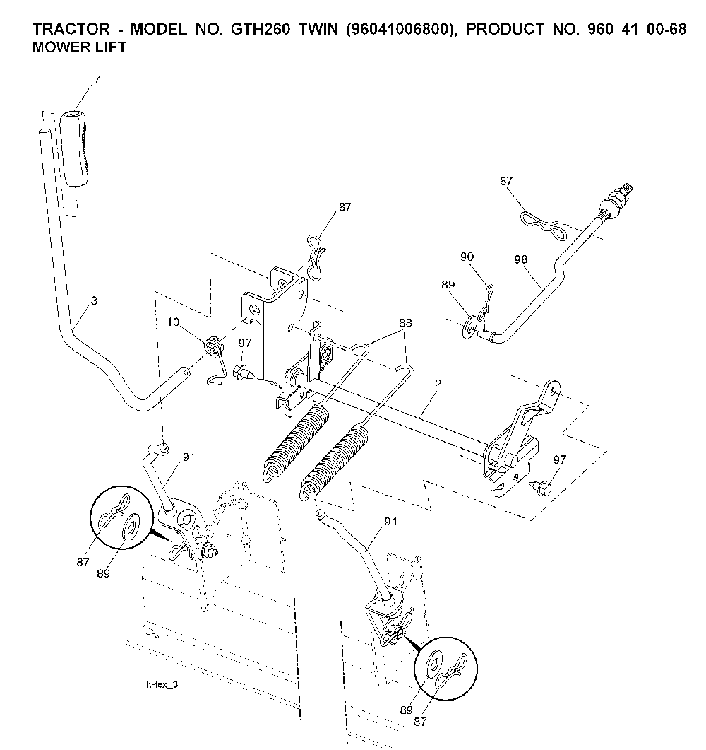 Mower Lift / Deck Lift Diagram and Parts List for GTH260TWIN (96041006800)(2008-01) Husqvarna Lawn Tractor