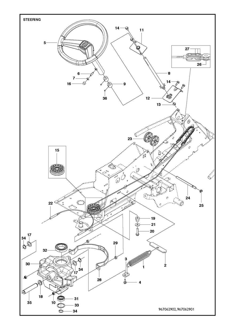 Steering Diagram and Parts List for R214TC2017-2021  Husqvarna Lawn Tractor