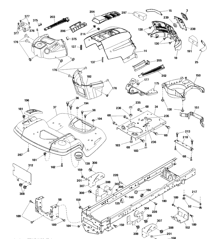 Chassis And Enclosures Diagram and Parts List for TS138M (96041042000)(2018-07) Husqvarna Lawn Tractor