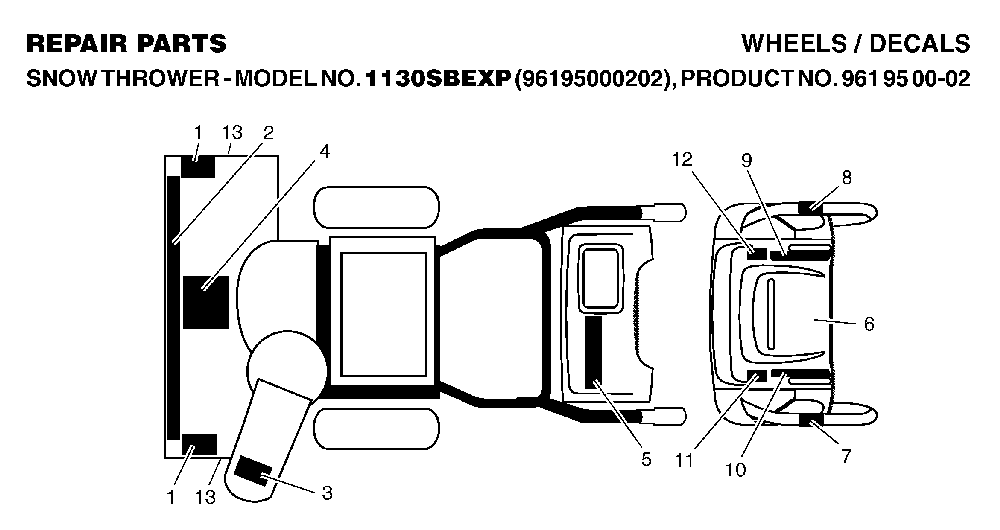 Decals Diagram and Parts List for 1130SBEXP (96195000202, 961950002)(2006-10) Husqvarna Snow Blower