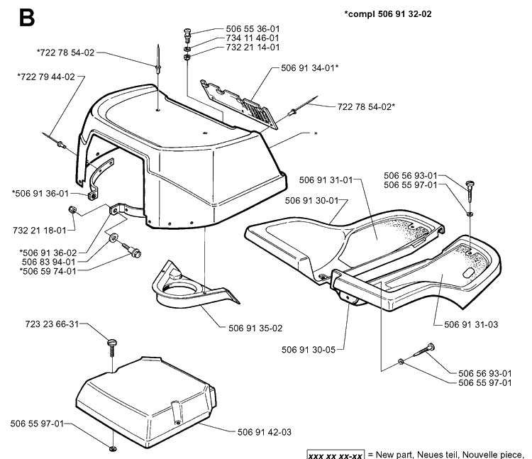 Hood Diagram and Parts List for RIDER850HST 1998-03 Husqvarna Lawn Mower