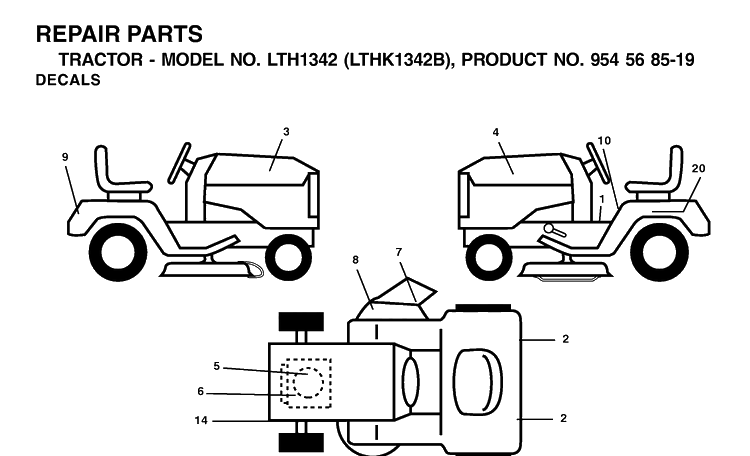 Decals Diagram and Parts List for LTH1342-LTHK1342B 2002-02 Husqvarna Lawn Tractor