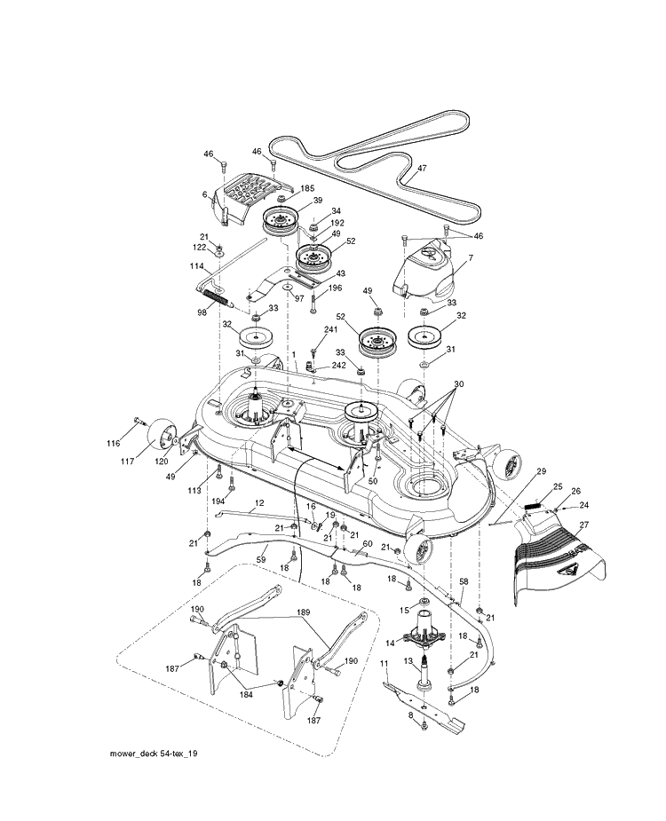 Mower Deck / Cutting Deck Diagram and Parts List for YTH24V54-289640 2010-05 Husqvarna Lawn Tractor