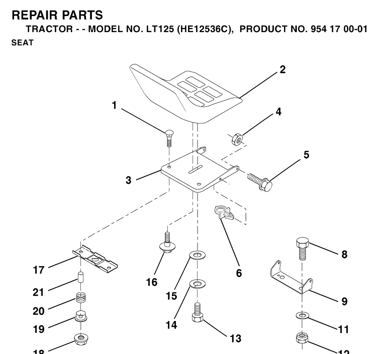 Seat Diagram and Parts List for LT125 (HE12536C)(1996-01) Husqvarna Lawn Tractor